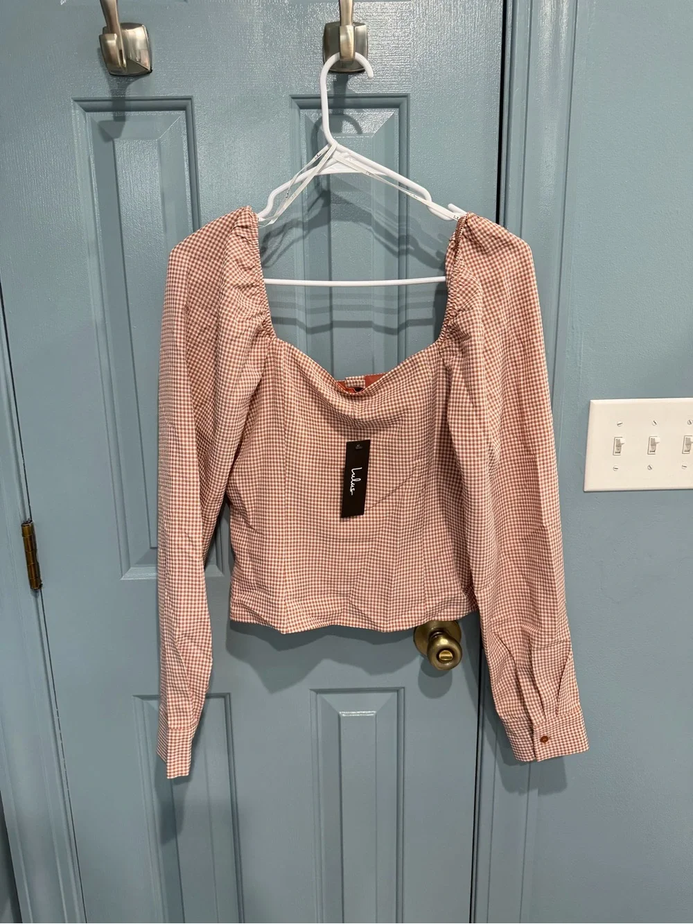 Lulu's Rust and Cream Checked Button-Front Square Neck Blouse - Picture 2 of 2